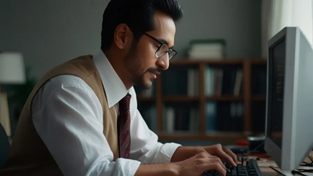 Man wearing glasses using computer setting home server